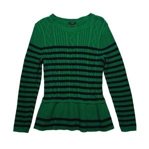 Talbots Cable Knit Peplum Sweater Women's Med Cotton Cashmere Green Navy Stripes